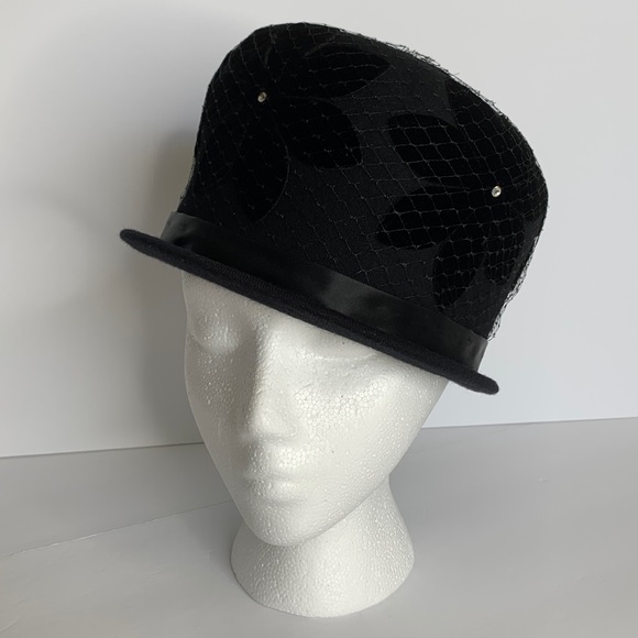 Vintage Henry Pollak Derby Hat Glenover Black Netting Velvet Flower Appliqués - Picture 6 of 16